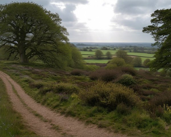 Tranquil Landscape with Winding Dirt Path and Trees