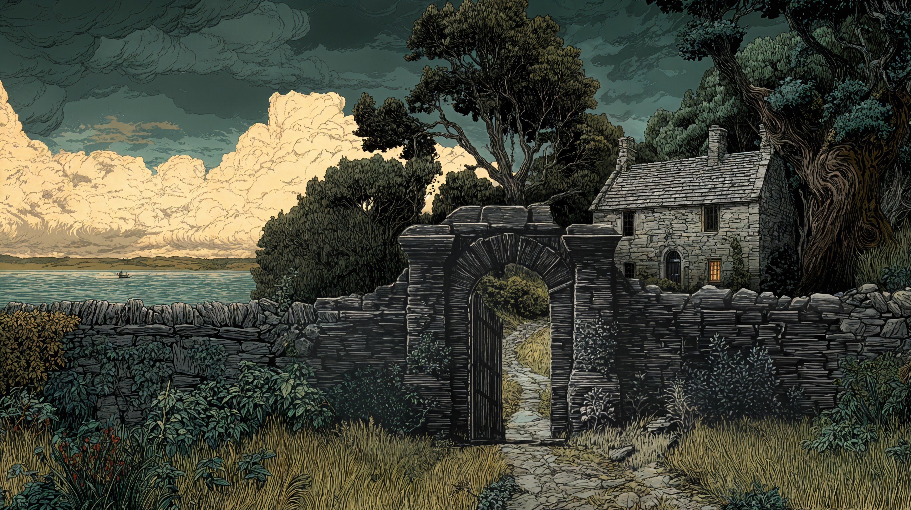 Weathered Stone Archway and Quaint Cottage Landscape