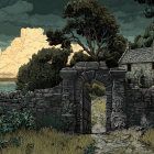 Weathered Stone Archway and Quaint Cottage Landscape