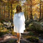Serene forest scene with woman in white dress