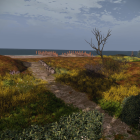 Coastal Landscape with Dunes, Flowers, and Clouds