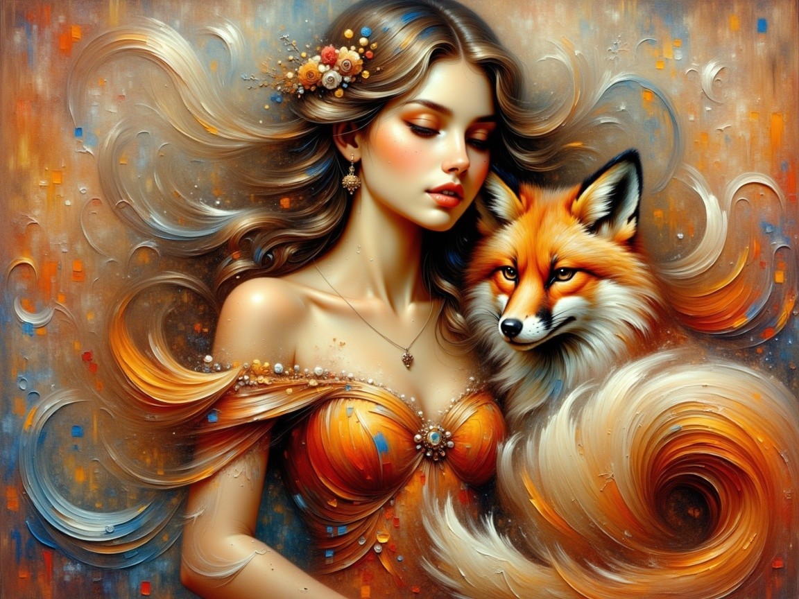 Portrait of a Woman with Flowers and a Fox