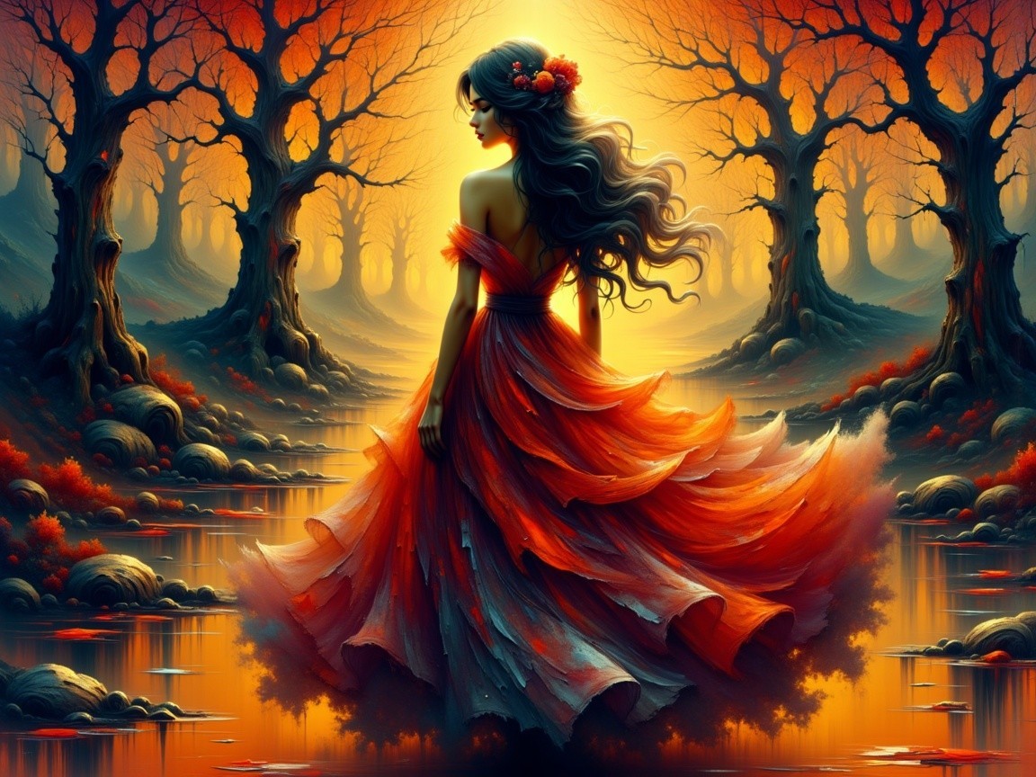 Woman in red gown by tranquil waterway in autumn