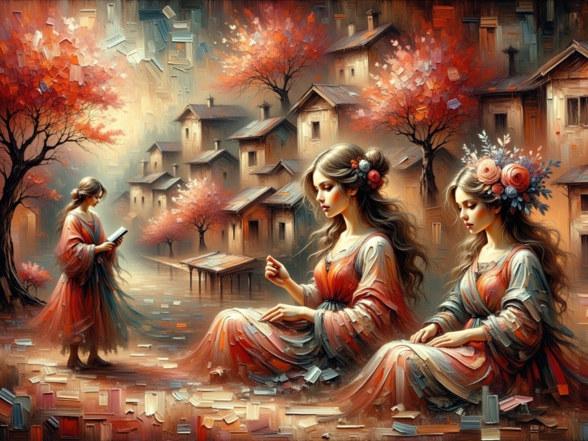 Ethereal Women in Colorful Dresses Amid Autumn Landscape