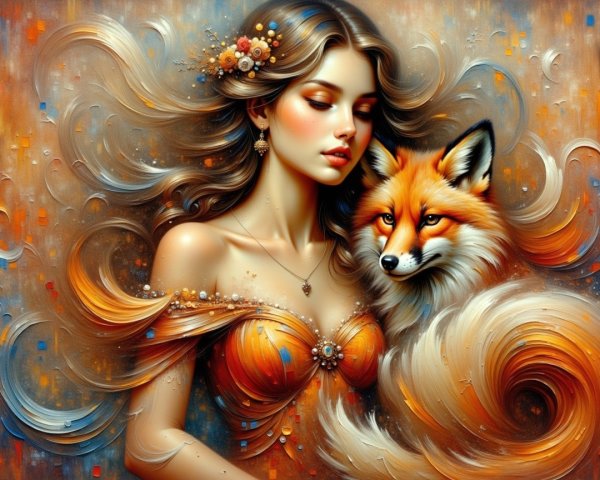 Portrait of a Woman with Flowers and a Fox