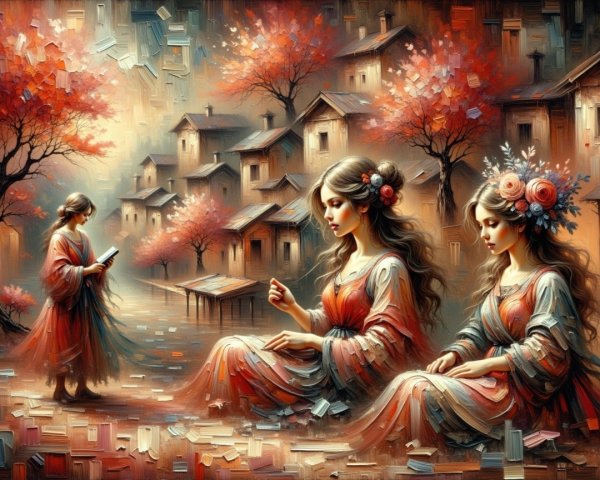 Ethereal Women in Colorful Dresses Amid Autumn Landscape