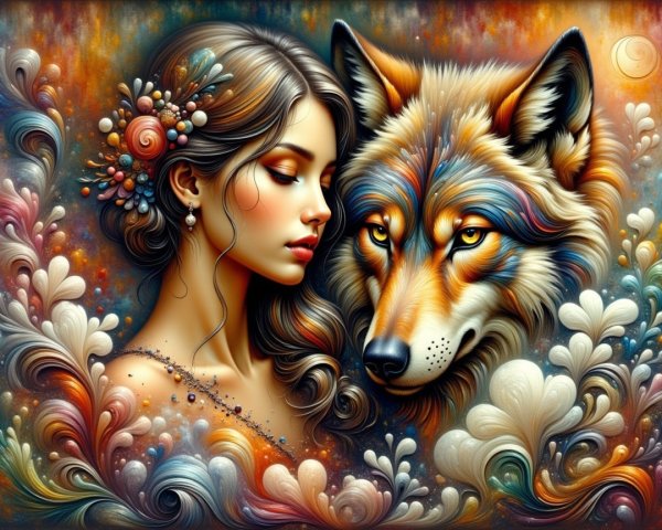 Vibrant Portrait of a Woman and a Fiery Wolf