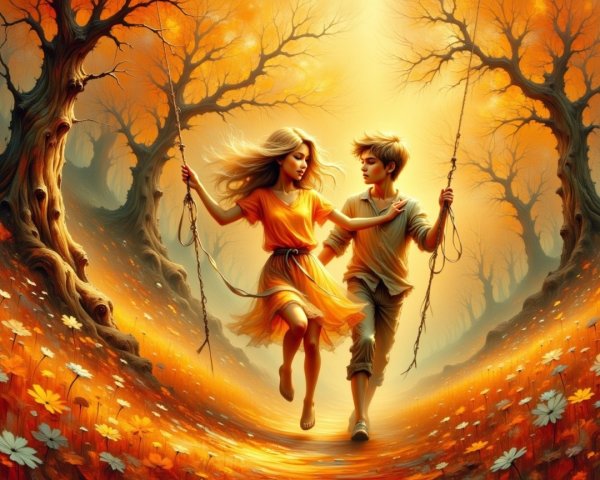 Children Swinging in a Magical Autumn Landscape