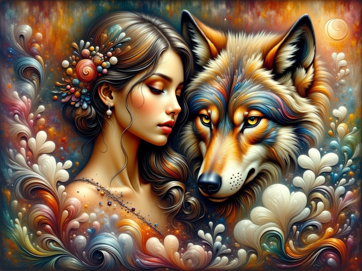 Vibrant Portrait of a Woman and a Fiery Wolf