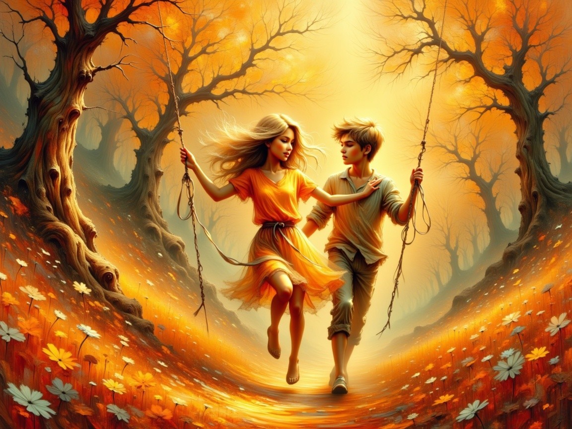 Children Swinging in a Magical Autumn Landscape