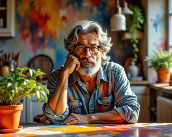 Elderly Man in Creative Space with Art and Plants