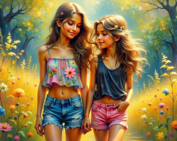 Girls in a sunlit meadow with colorful flowers