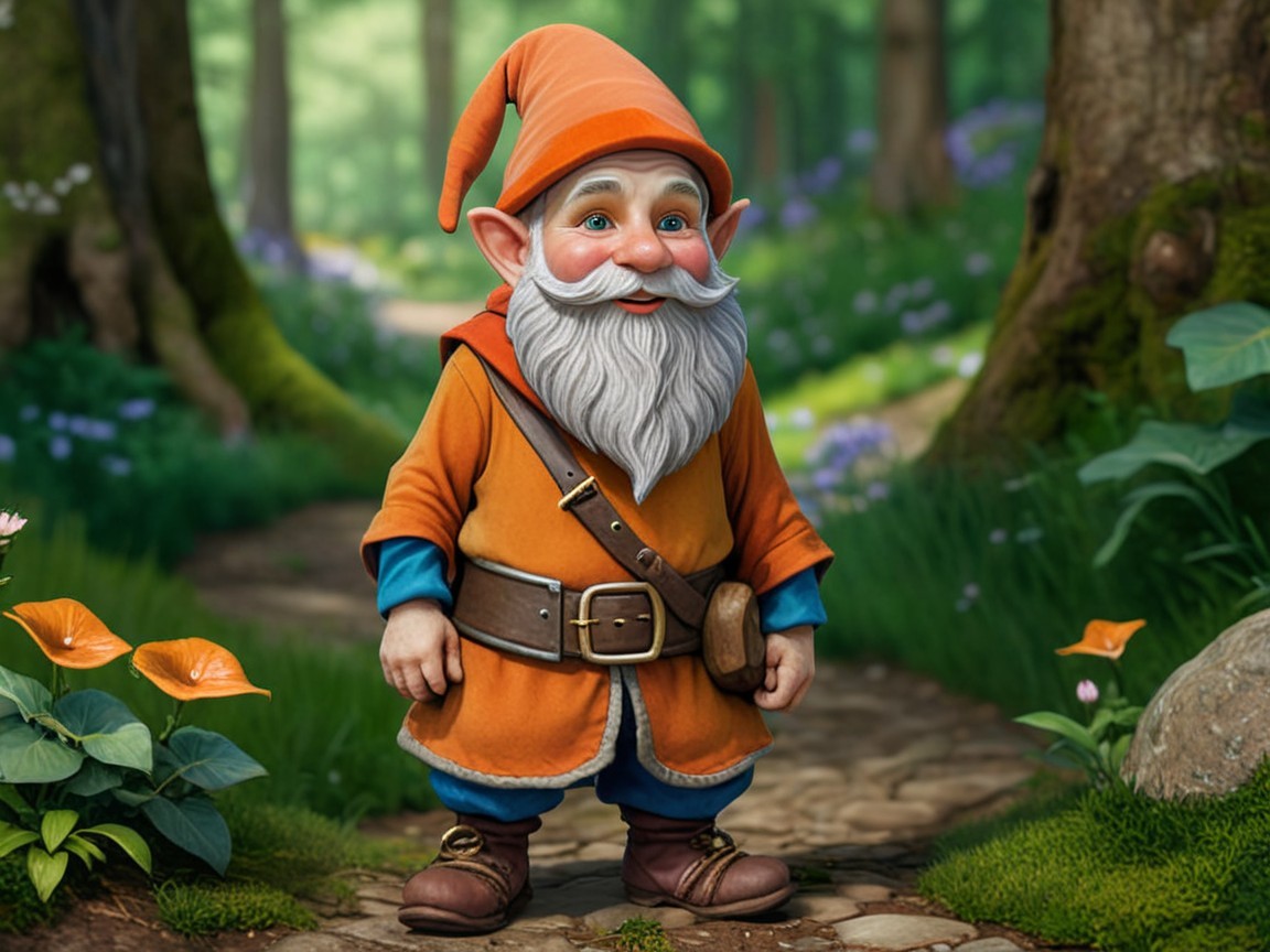 Cheerful gnome on a forest path with flowers