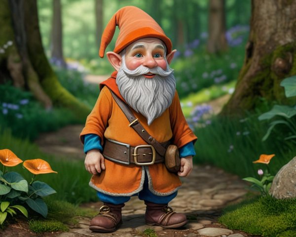 Cheerful gnome on a forest path with flowers