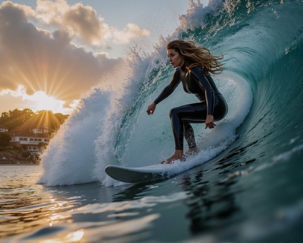 Surfer Riding Wave at Sunset with Scenic Coastline