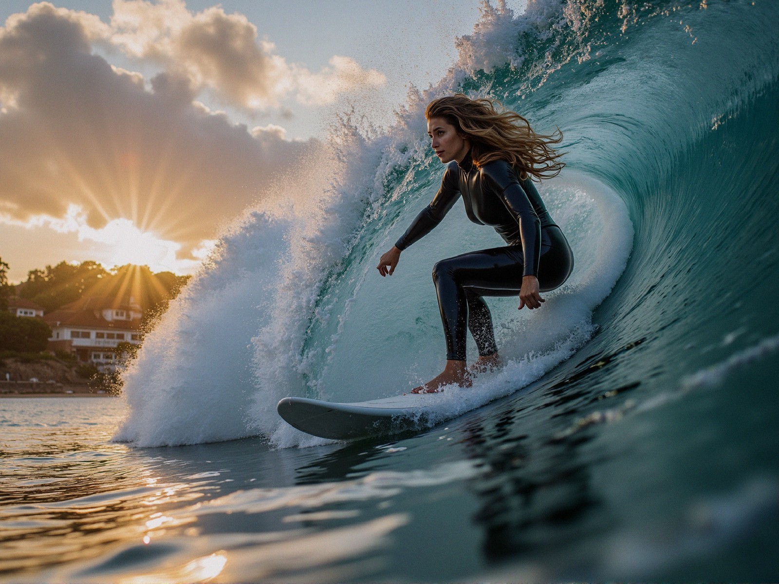 Surfer Riding Wave at Sunset with Scenic Coastline