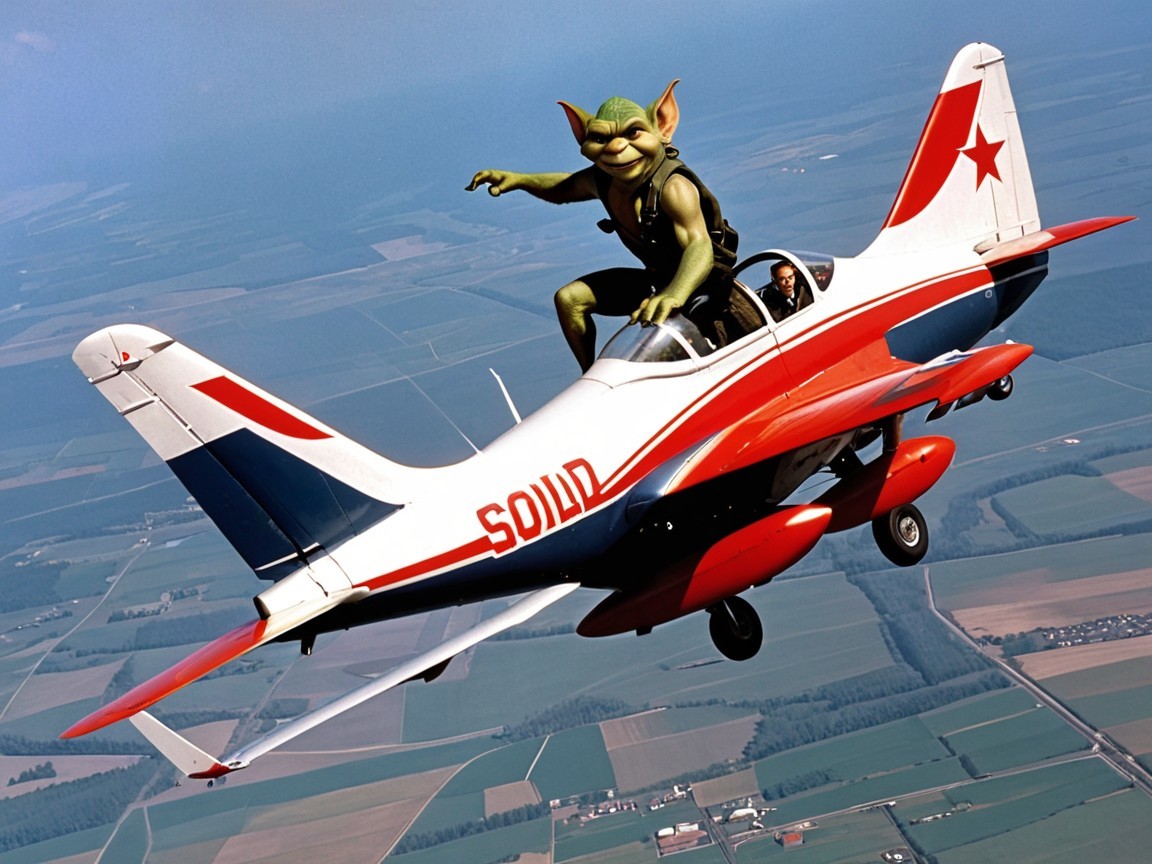 Whimsical Goblin on Colorful Aerobatic Plane Wing