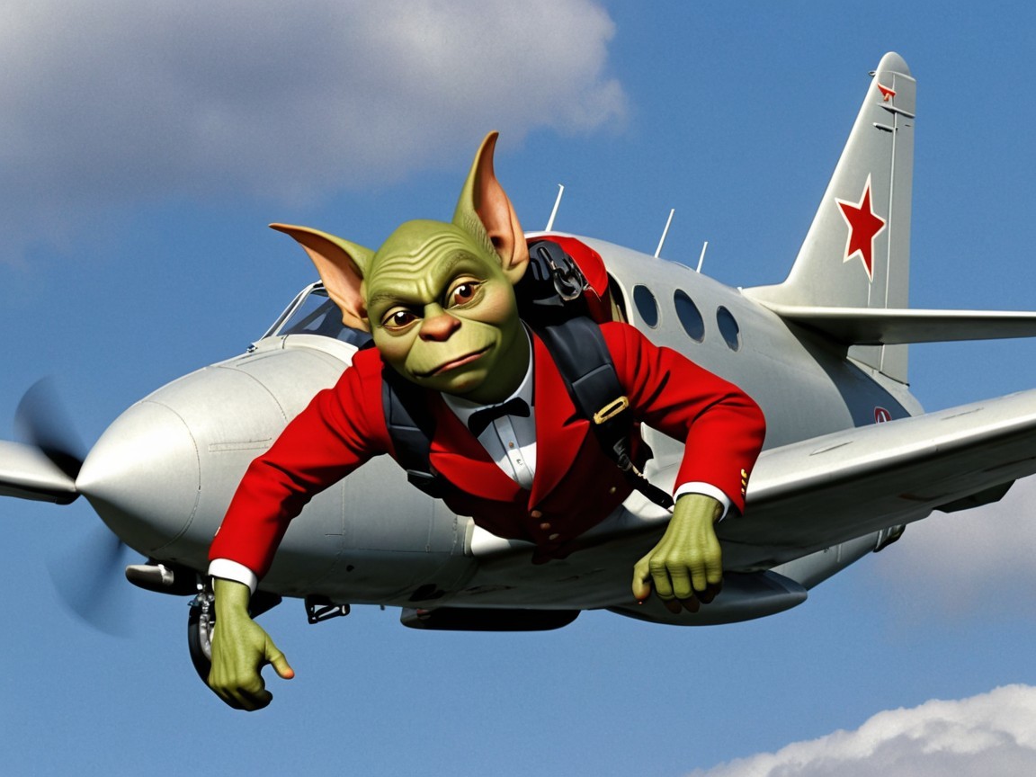 Whimsical Green Creature Parachuting from Silver Aircraft