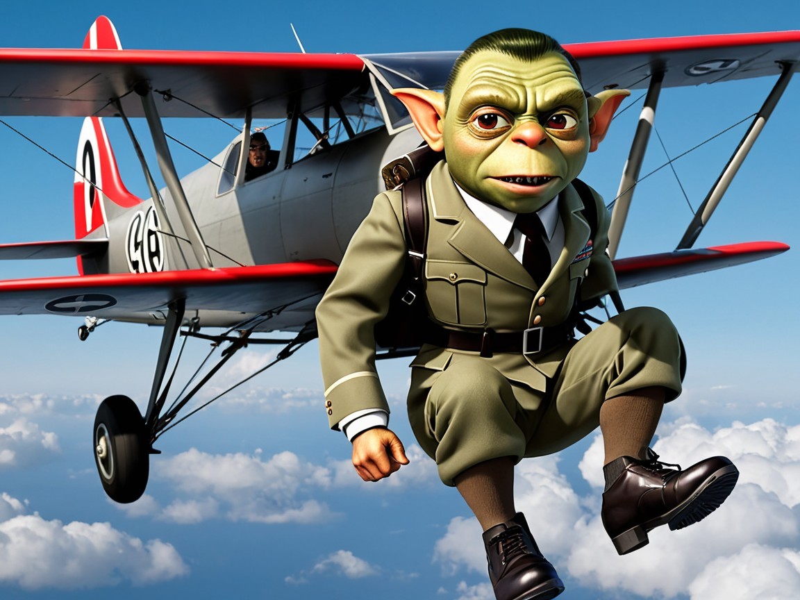 Whimsical Green-Skinned Character on Vintage Biplane
