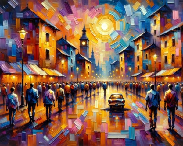 Vibrant Dusk Street Scene with Colorful Buildings