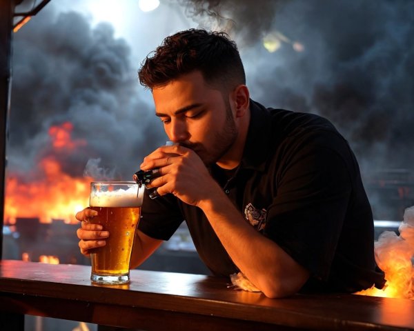 Young man contemplating beer in a lively bar scene