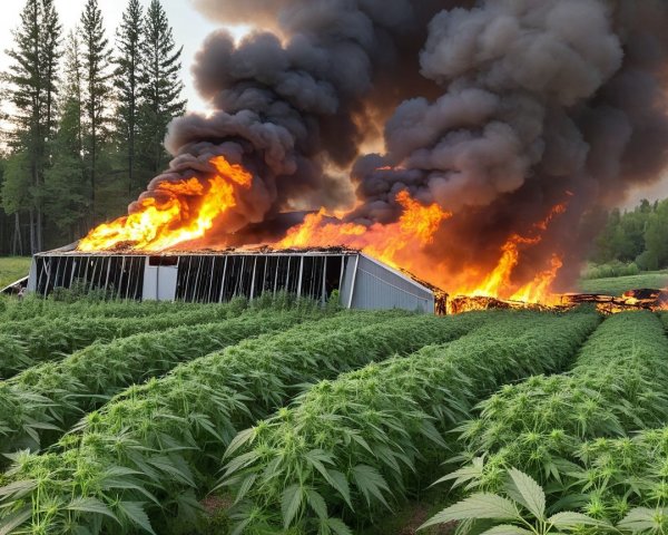 Fire Engulfs Structure Amidst Cannabis Field and Trees
