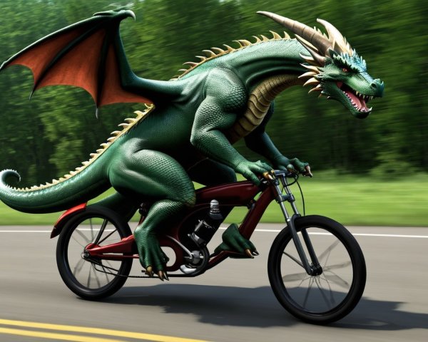 Green Dragon Riding a Bicycle in Countryside Scene