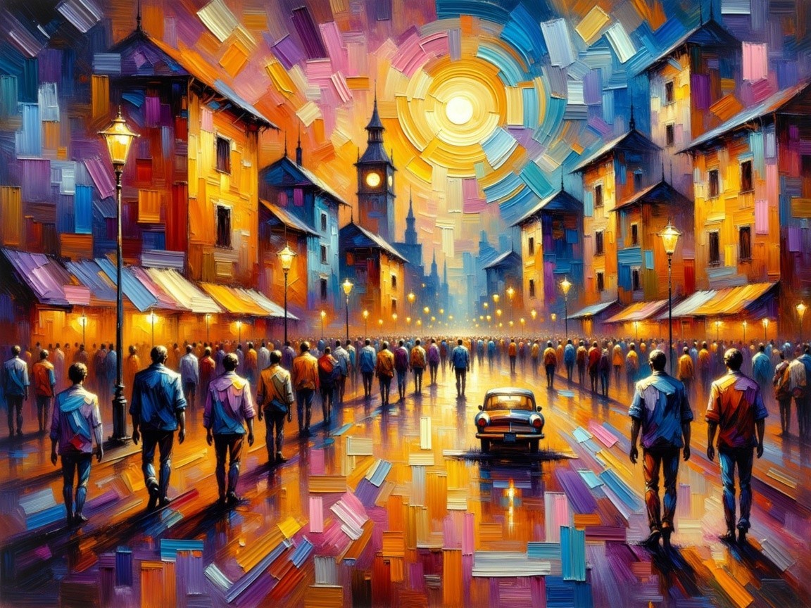 Vibrant Dusk Street Scene with Colorful Buildings