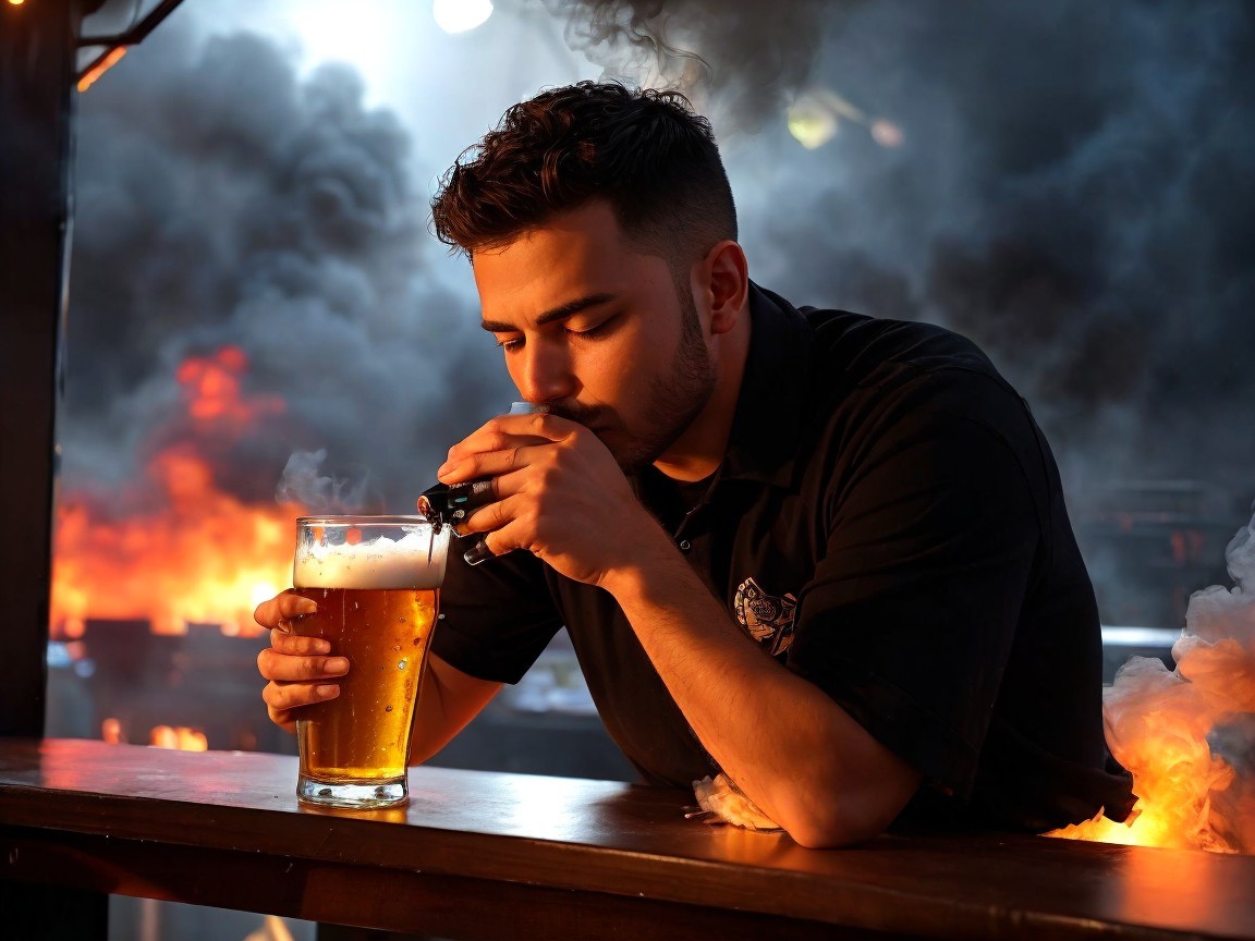 Young man contemplating beer in a lively bar scene