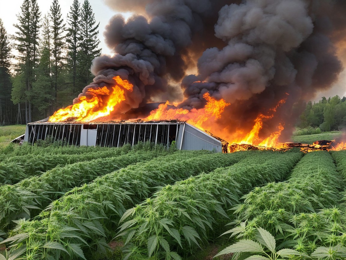 Fire Engulfs Structure Amidst Cannabis Field and Trees