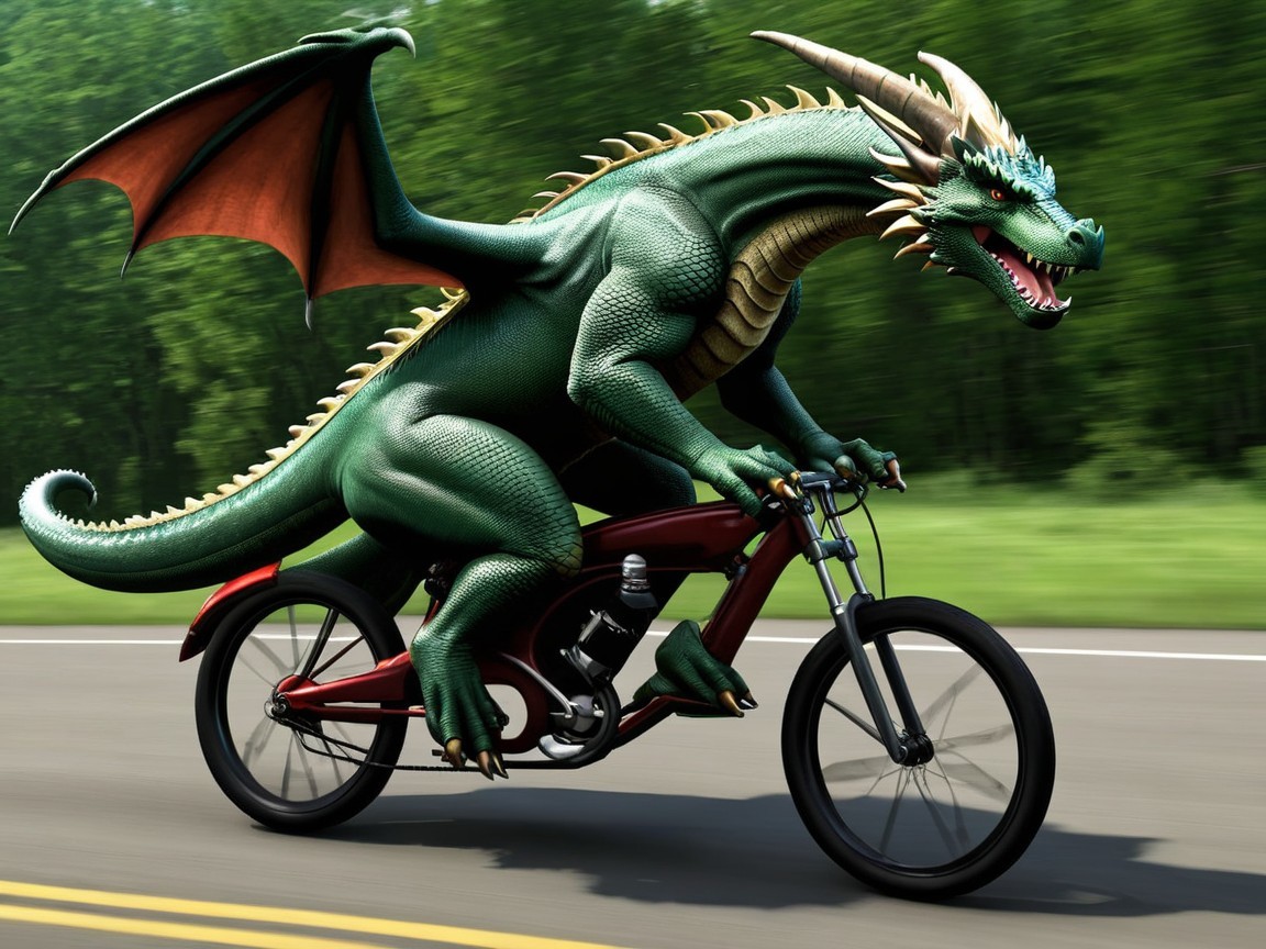 Green Dragon Riding a Bicycle in Countryside Scene