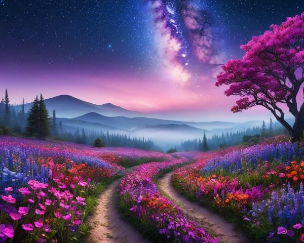 Winding Pathway Through a Colorful Meadow Landscape