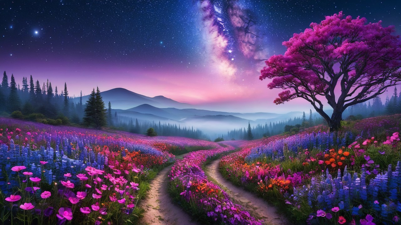 Winding Pathway Through a Colorful Meadow Landscape