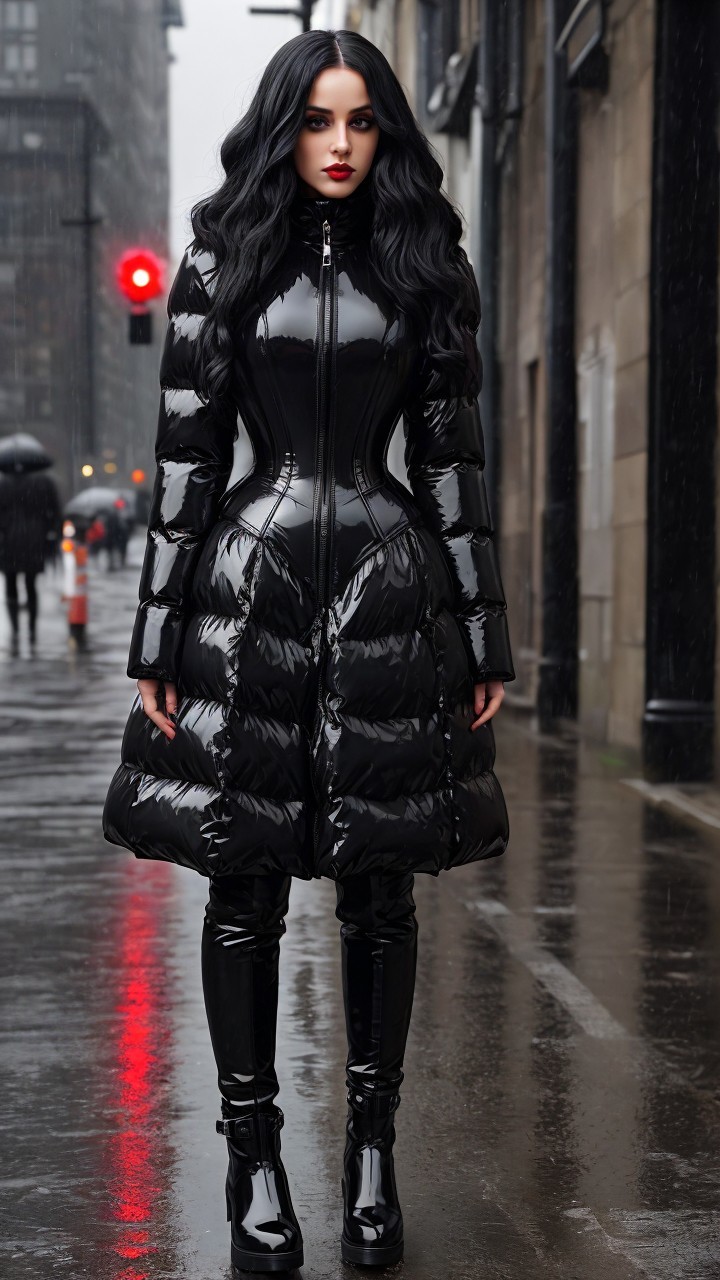 Urban Figure in Glossy Black Puffer Coat in Rain