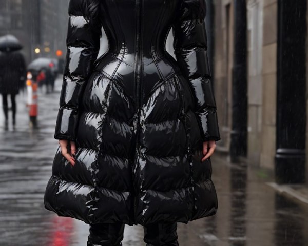 Urban Figure in Glossy Black Puffer Coat in Rain