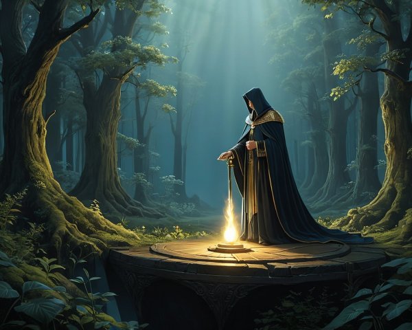 Mystical Forest with Robed Figure and Glowing Sword