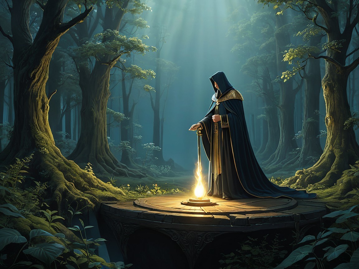 Mystical Forest with Robed Figure and Glowing Sword