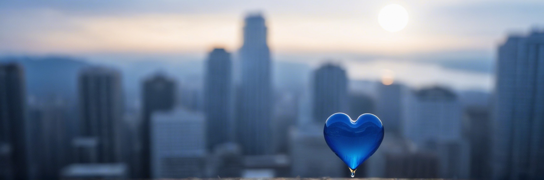 Vibrant Blue Glass Heart Against Sunset City Skyline