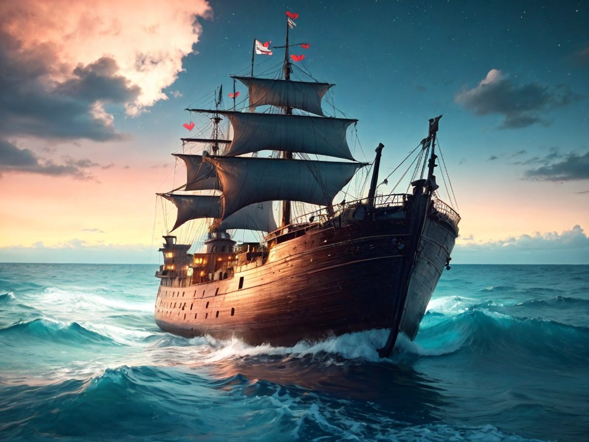 Majestic Wooden Ship Sailing Through Ocean Waves