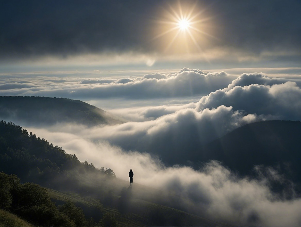 Solitary Figure on Misty Hillside at Sunrise