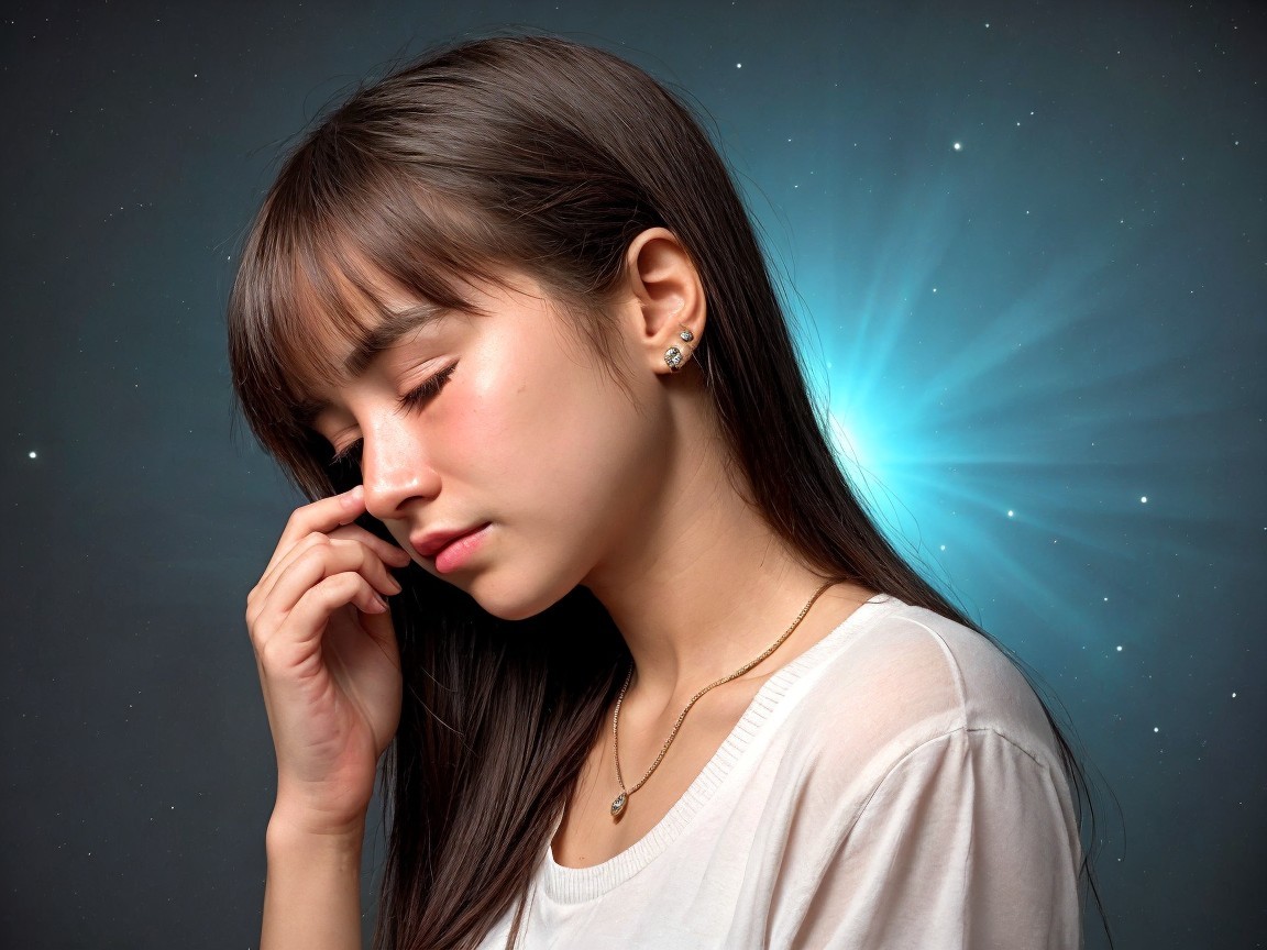 Young woman in white top with mystic blue background