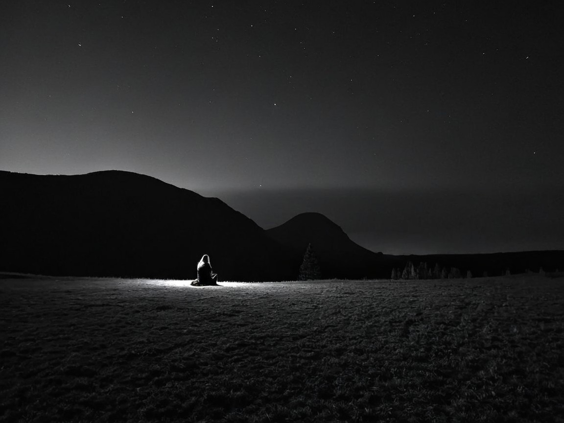 Monochrome Night Landscape with Solitary Figure