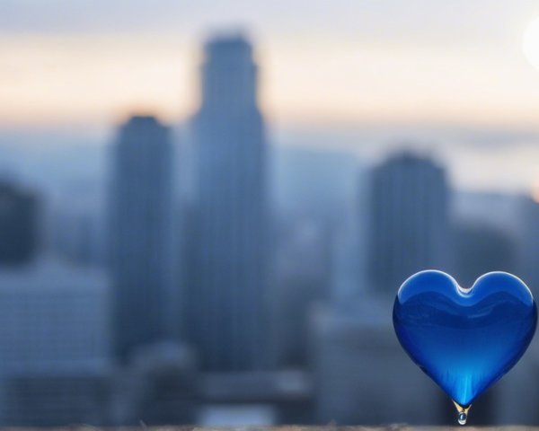 Vibrant Blue Glass Heart Against Sunset City Skyline