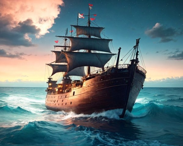 Majestic Wooden Ship Sailing Through Ocean Waves