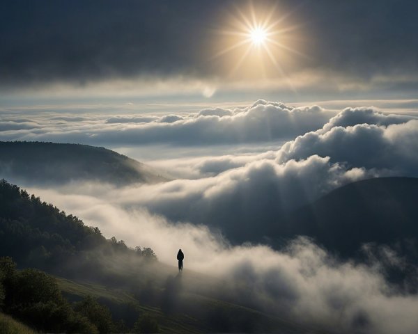 Solitary Figure on Misty Hillside at Sunrise