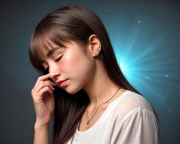Young woman in white top with mystic blue background