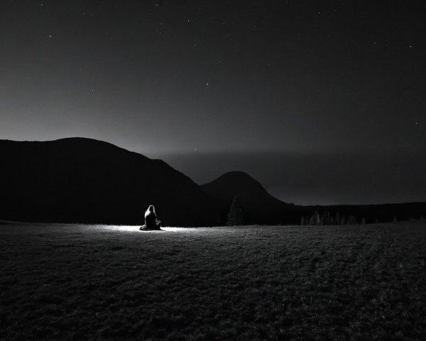 Monochrome Night Landscape with Solitary Figure