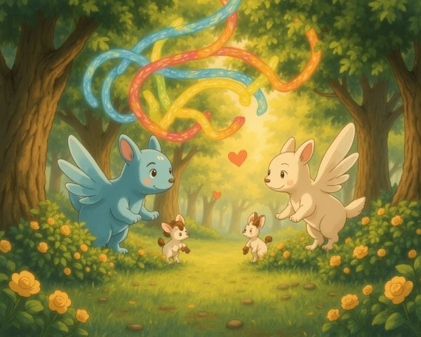 Whimsical Forest Scene with Colorful Creatures and Flowers
