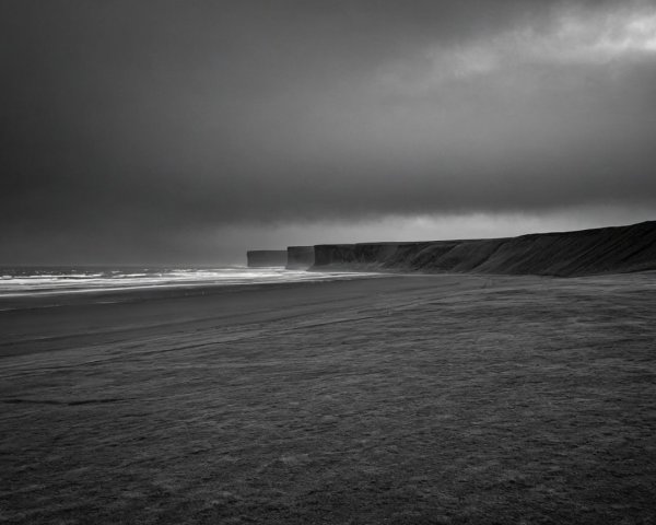 Black-and-White Landscape of Shoreline and Cliffs