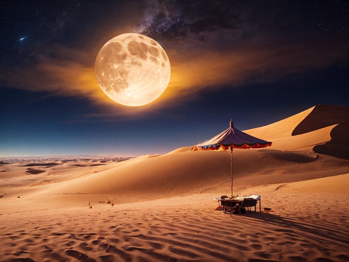 Serene Desert Landscape with Starry Sky and Moon